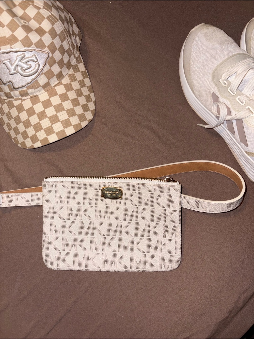 Michael Kors Cream Signature MK Monogram Belt Bag with Gold Hardware